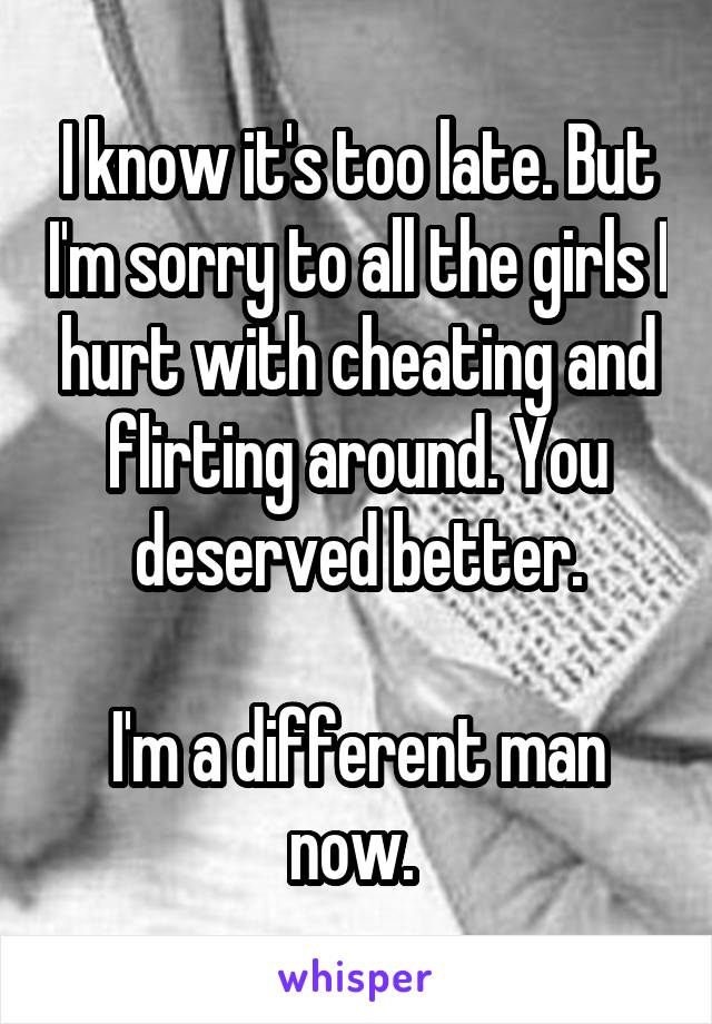 I know it's too late. But I'm sorry to all the girls I hurt with cheating and flirting around. You deserved better.

I'm a different man now. 