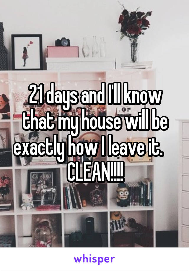 21 days and I'll know that my house will be exactly how I leave it.     CLEAN!!!!
