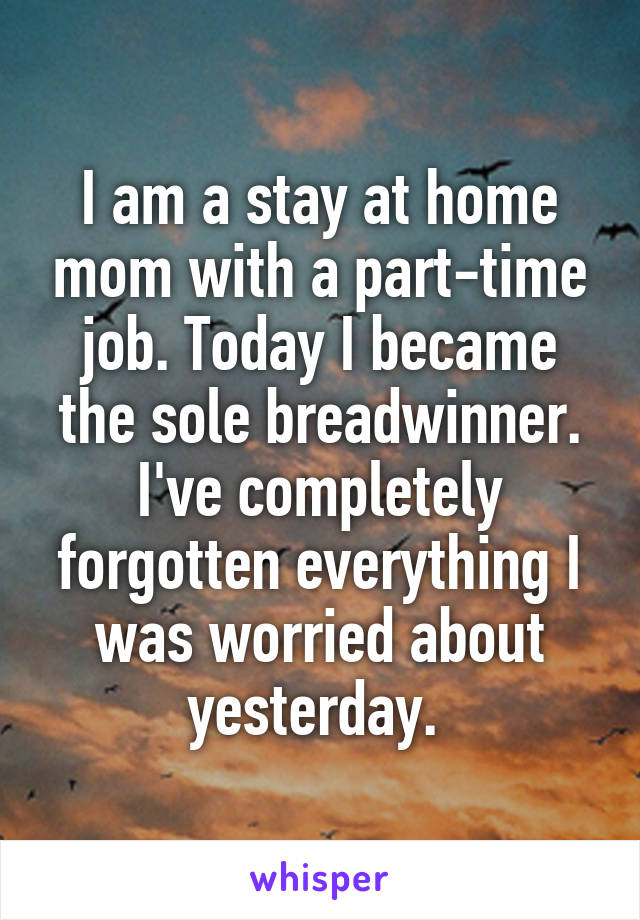 I am a stay at home mom with a part-time job. Today I became the sole breadwinner. I've completely forgotten everything I was worried about yesterday. 