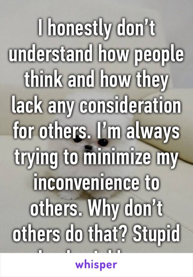 I honestly don’t understand how people think and how they lack any consideration for others. I’m always trying to minimize my inconvenience to others. Why don’t others do that? Stupid loud neighbors.