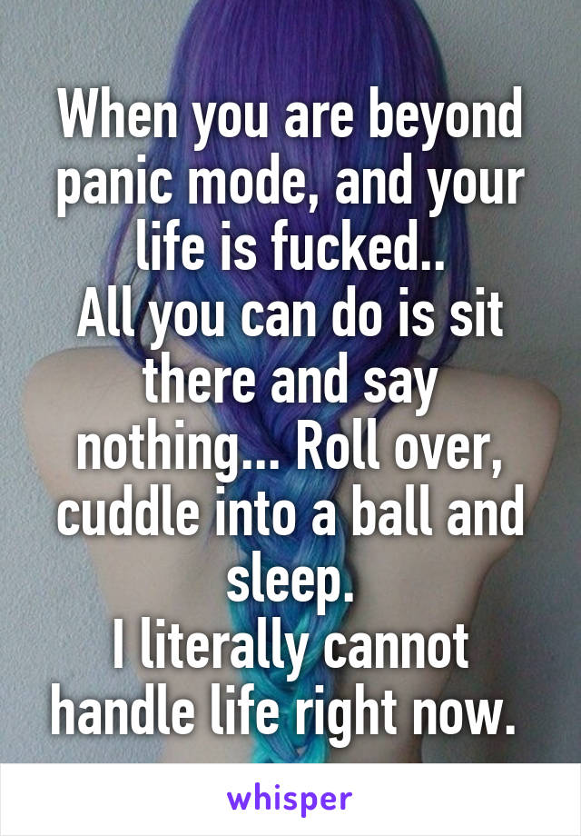 When you are beyond panic mode, and your life is fucked..
All you can do is sit there and say nothing... Roll over, cuddle into a ball and sleep.
I literally cannot handle life right now. 