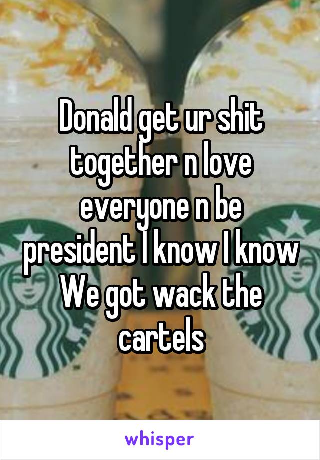 Donald get ur shit together n love everyone n be president I know I know
We got wack the cartels