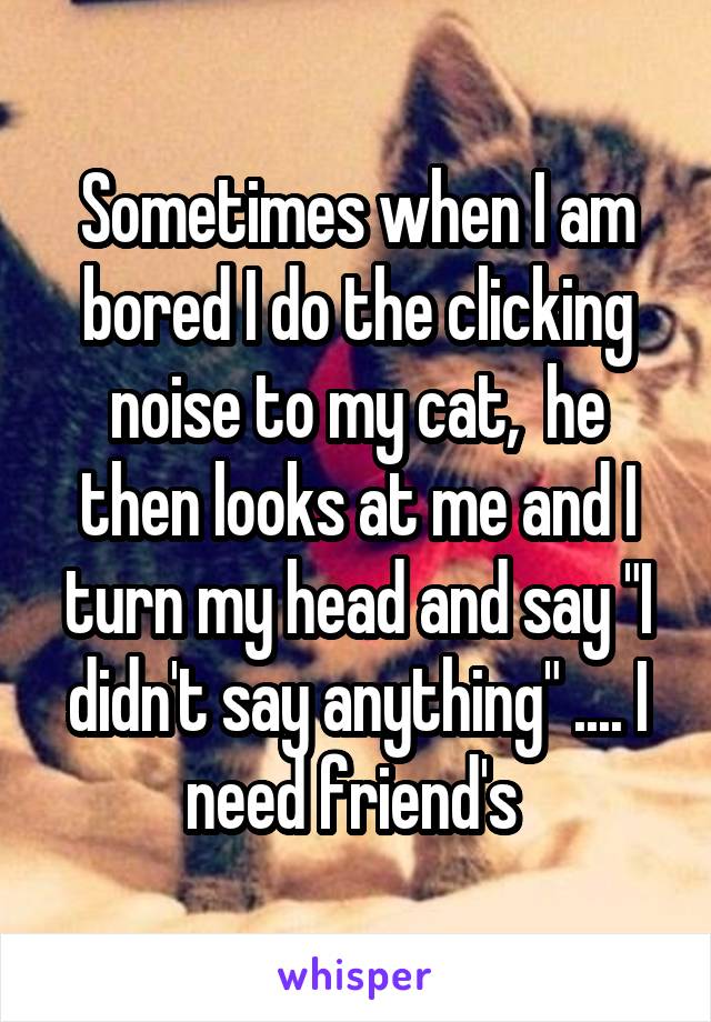 Sometimes when I am bored I do the clicking noise to my cat,  he then looks at me and I turn my head and say "I didn't say anything" .... I need friend's 