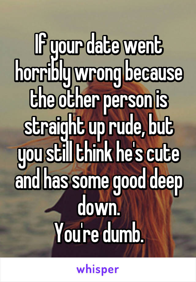 If your date went horribly wrong because the other person is straight up rude, but you still think he's cute and has some good deep down.
You're dumb.