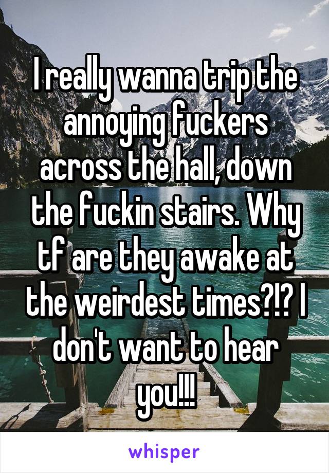 I really wanna trip the annoying fuckers across the hall, down the fuckin stairs. Why tf are they awake at the weirdest times?!? I don't want to hear you!!!