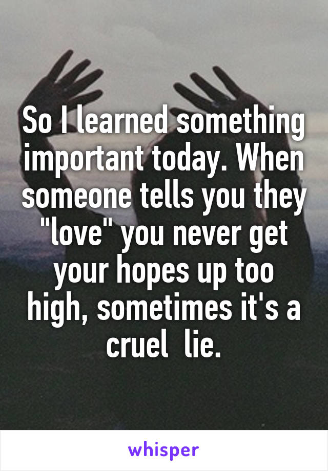 So I learned something important today. When someone tells you they "love" you never get your hopes up too high, sometimes it's a cruel  lie.