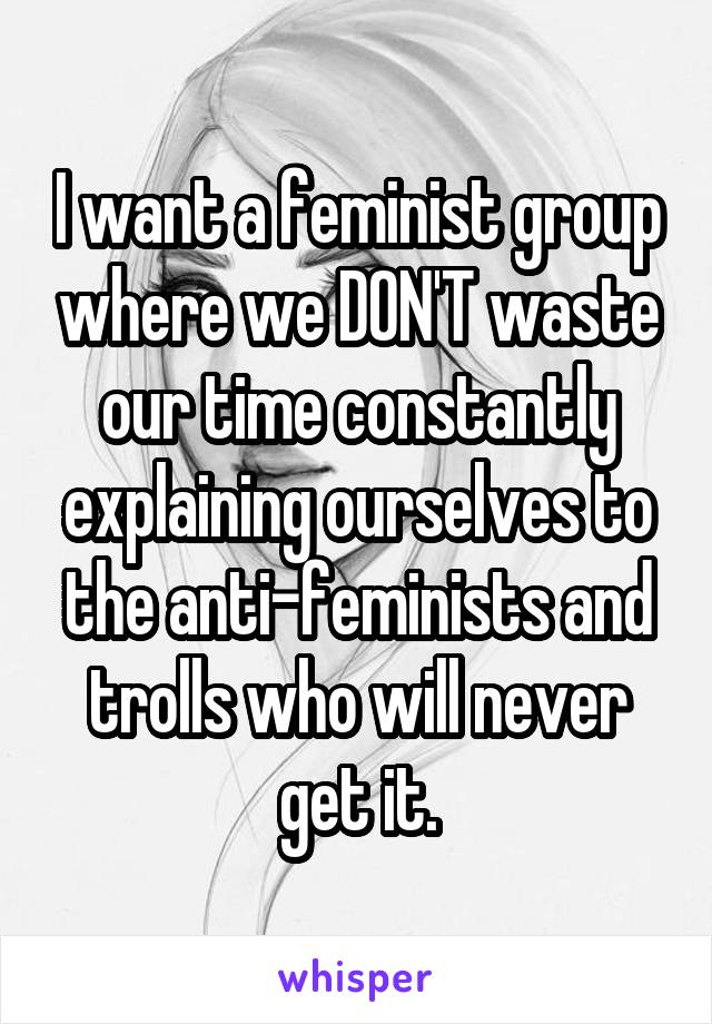 I want a feminist group where we DON'T waste our time constantly explaining ourselves to the anti-feminists and trolls who will never get it.