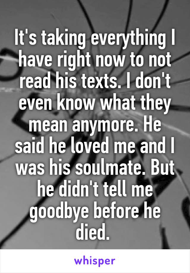 It's taking everything I have right now to not read his texts. I don't even know what they mean anymore. He said he loved me and I was his soulmate. But he didn't tell me goodbye before he died. 