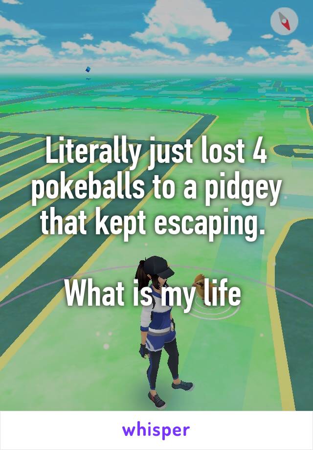 Literally just lost 4 pokeballs to a pidgey that kept escaping. 

What is my life 