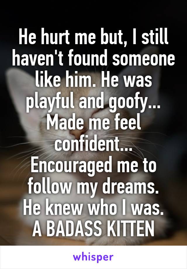 He hurt me but, I still haven't found someone like him. He was playful and goofy... Made me feel confident... Encouraged me to follow my dreams.
He knew who I was.
A BADASS KITTEN