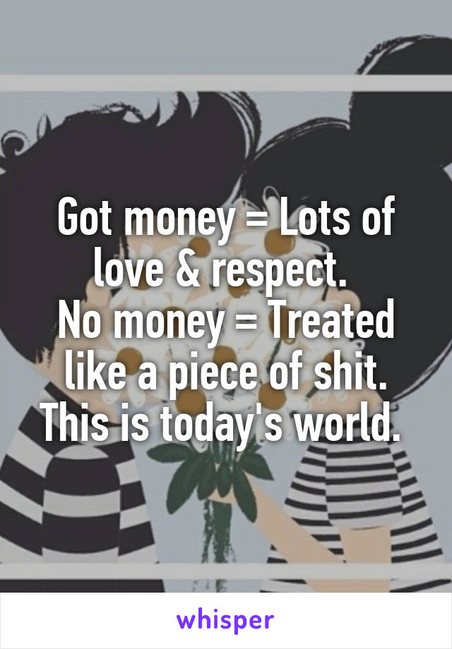 Got money = Lots of love & respect. 
No money = Treated like a piece of shit.
This is today's world. 