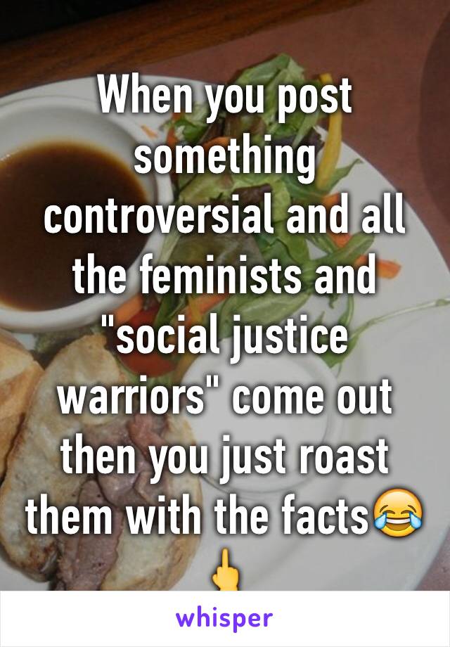 When you post something controversial and all the feminists and "social justice warriors" come out then you just roast them with the facts😂🖕