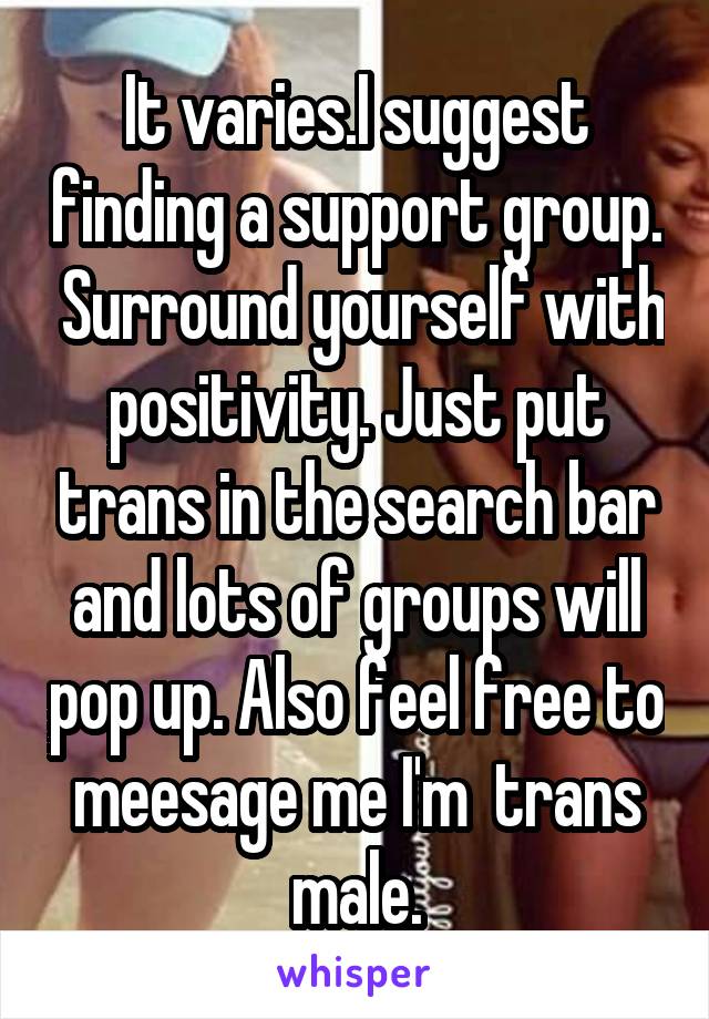 It varies.I suggest finding a support group.  Surround yourself with positivity. Just put trans in the search bar and lots of groups will pop up. Also feel free to meesage me I'm  trans male.