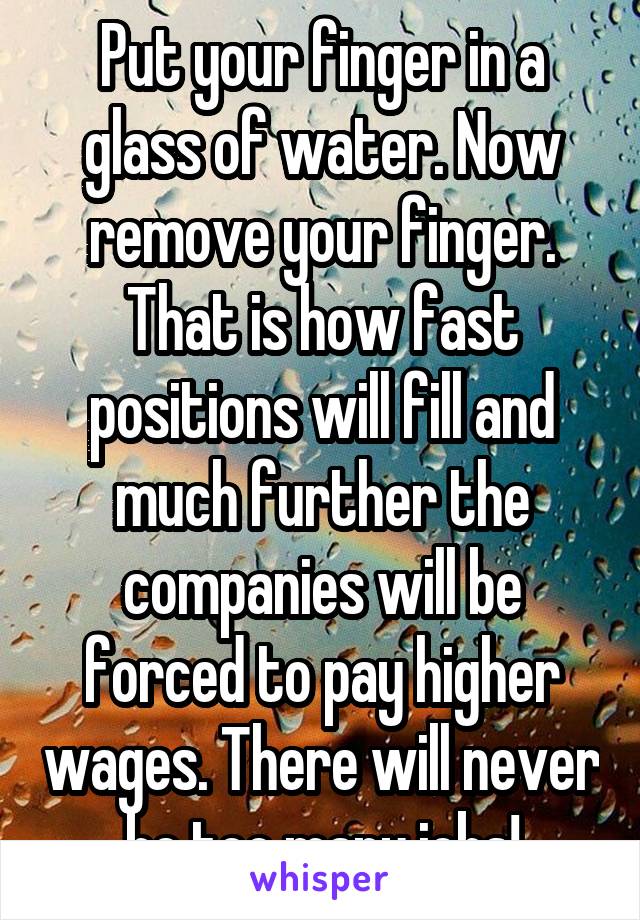 Put your finger in a glass of water. Now remove your finger. That is how fast positions will fill and much further the companies will be forced to pay higher wages. There will never be too many jobs!