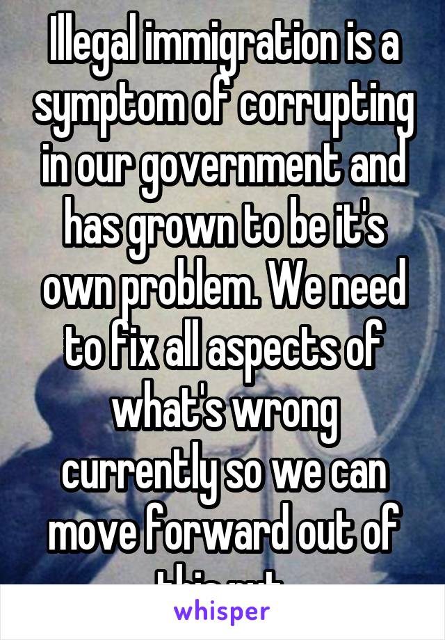 Illegal immigration is a symptom of corrupting in our government and has grown to be it's own problem. We need to fix all aspects of what's wrong currently so we can move forward out of this rut 