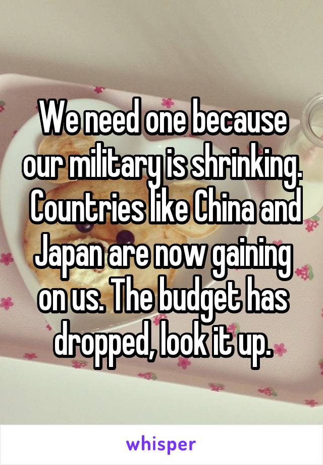 We need one because our military is shrinking.  Countries like China and Japan are now gaining on us. The budget has dropped, look it up.