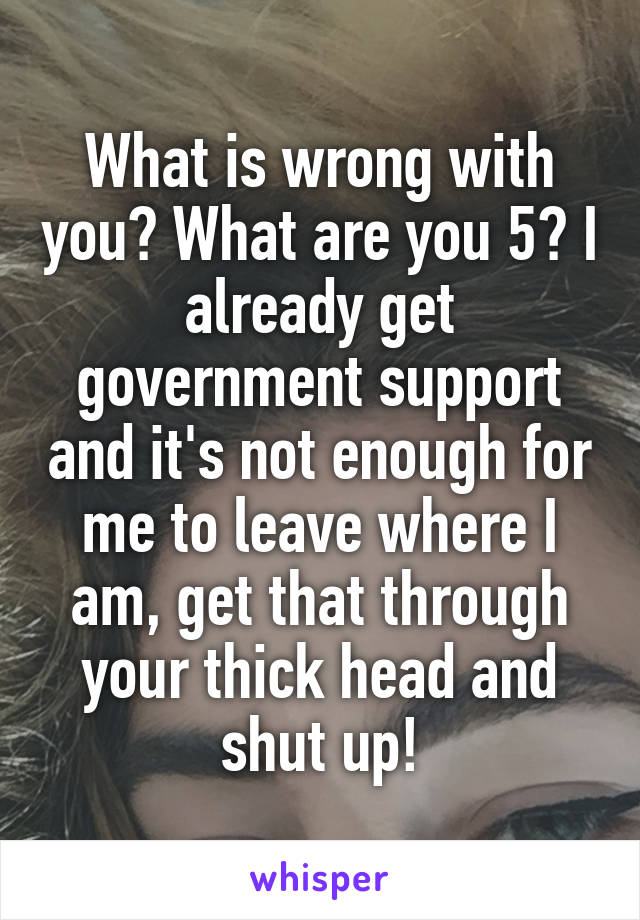 What is wrong with you? What are you 5? I already get government support and it's not enough for me to leave where I am, get that through your thick head and shut up!