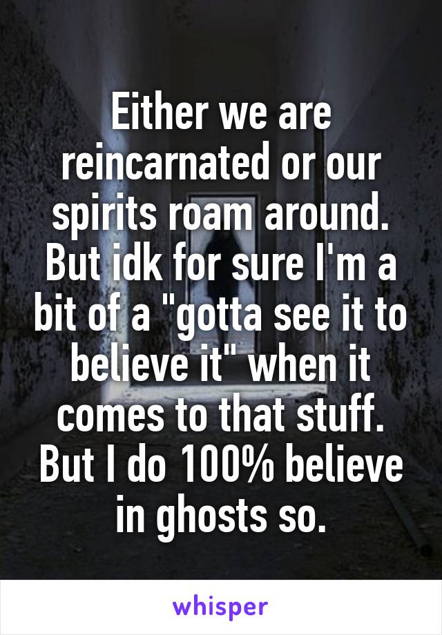 Either we are reincarnated or our spirits roam around. But idk for sure I'm a bit of a "gotta see it to believe it" when it comes to that stuff. But I do 100% believe in ghosts so.