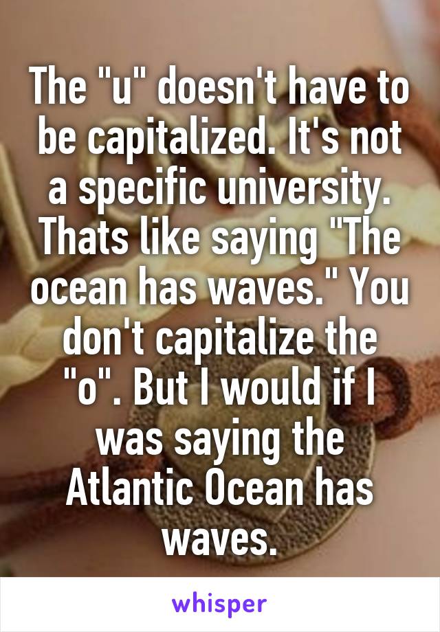 The "u" doesn't have to be capitalized. It's not a specific university. Thats like saying "The ocean has waves." You don't capitalize the "o". But I would if I was saying the Atlantic Ocean has waves.