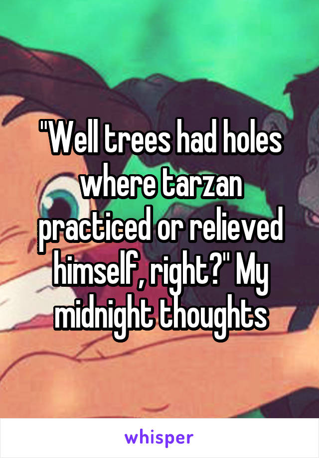 "Well trees had holes where tarzan practiced or relieved himself, right?" My midnight thoughts