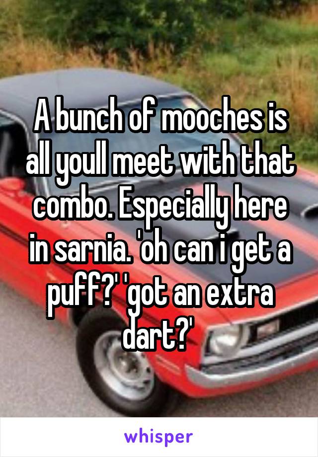 A bunch of mooches is all youll meet with that combo. Especially here in sarnia. 'oh can i get a puff?' 'got an extra dart?' 