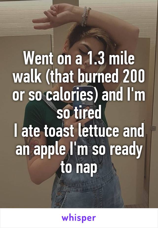 Went on a 1.3 mile walk (that burned 200 or so calories) and I'm so tired
I ate toast lettuce and an apple I'm so ready to nap