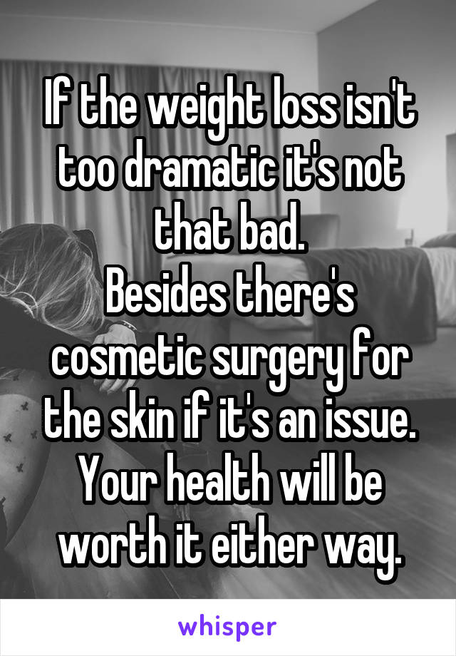 If the weight loss isn't too dramatic it's not that bad.
Besides there's cosmetic surgery for the skin if it's an issue.
Your health will be worth it either way.