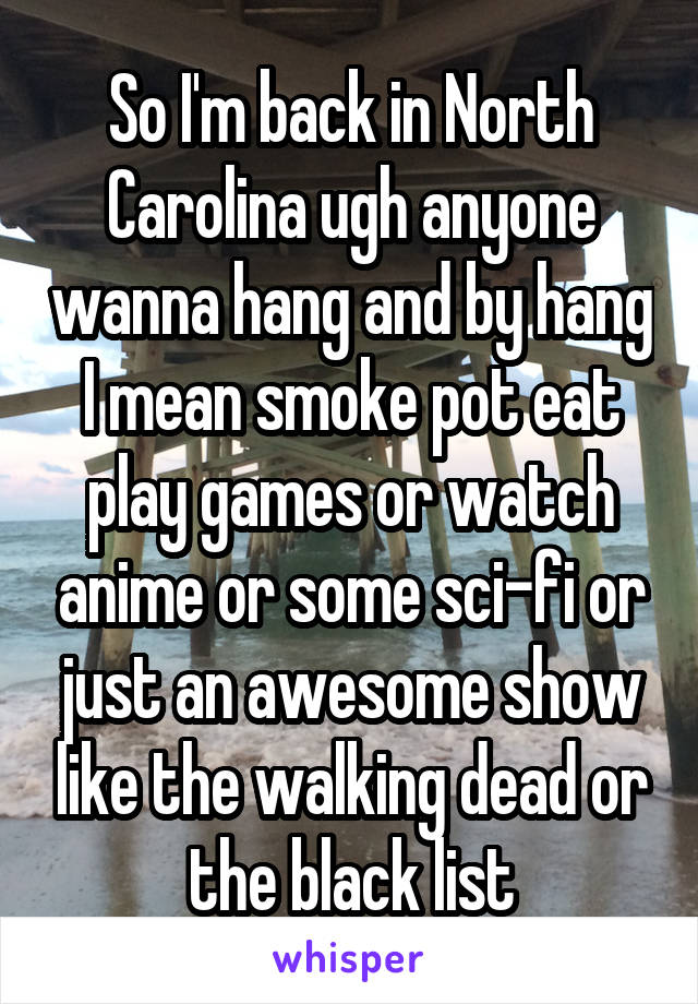 So I'm back in North Carolina ugh anyone wanna hang and by hang I mean smoke pot eat play games or watch anime or some sci-fi or just an awesome show like the walking dead or the black list