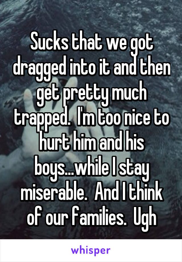 Sucks that we got dragged into it and then get pretty much trapped.  I'm too nice to hurt him and his boys...while I stay miserable.  And I think of our families.  Ugh