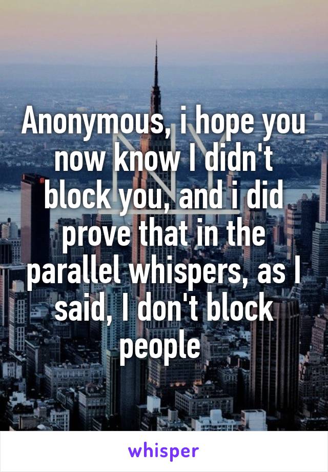 Anonymous, i hope you now know I didn't block you, and i did prove that in the parallel whispers, as I said, I don't block people 