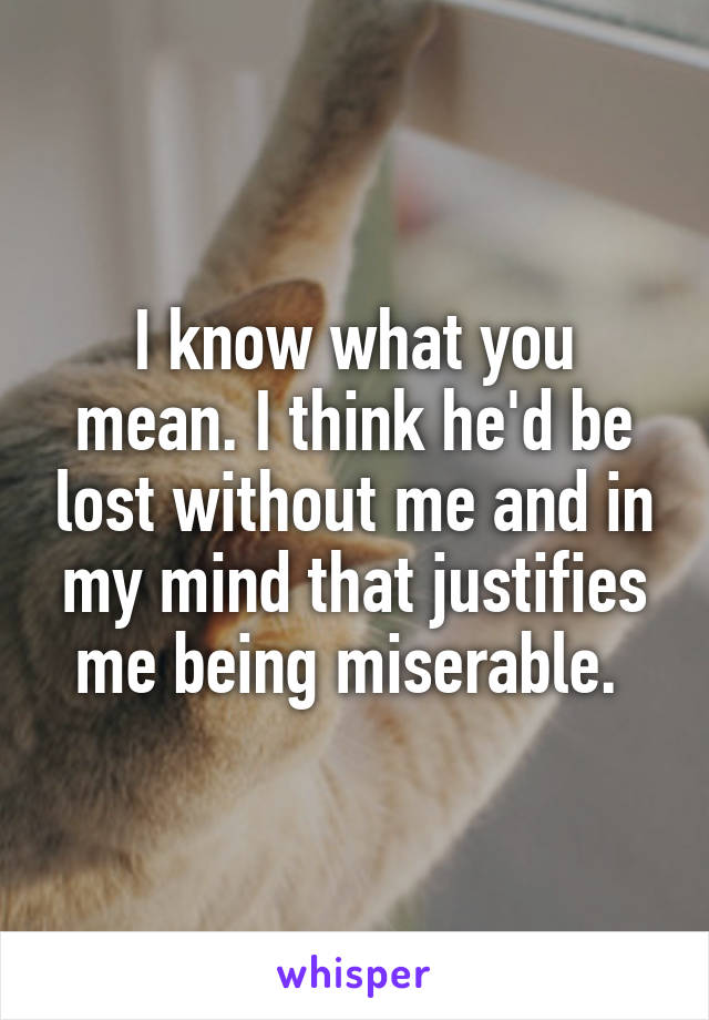 I know what you mean. I think he'd be lost without me and in my mind that justifies me being miserable. 