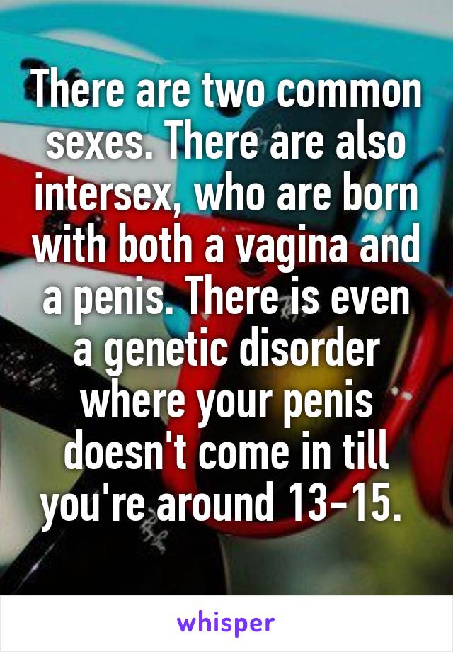 There are two common sexes. There are also intersex, who are born with both a vagina and a penis. There is even a genetic disorder where your penis doesn't come in till you're around 13-15. 
