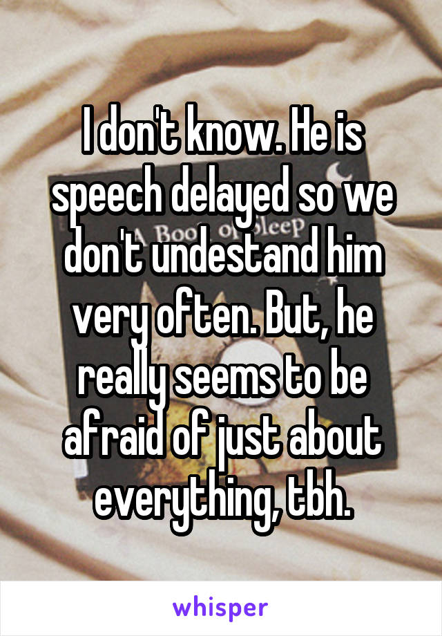 I don't know. He is speech delayed so we don't undestand him very often. But, he really seems to be afraid of just about everything, tbh.