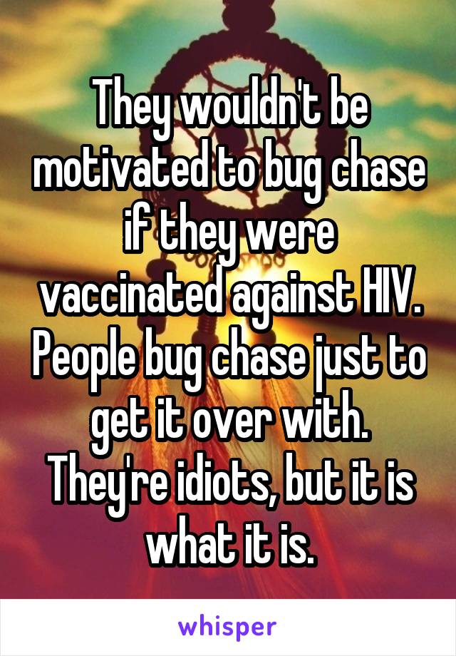 They wouldn't be motivated to bug chase if they were vaccinated against HIV. People bug chase just to get it over with. They're idiots, but it is what it is.