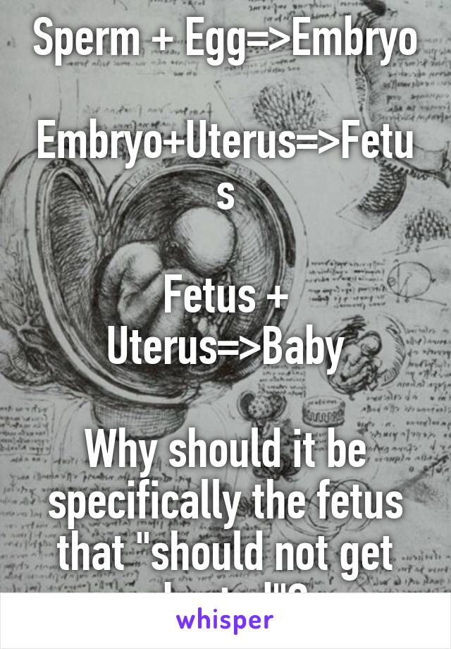 Sperm + Egg=>Embryo

Embryo+Uterus=>Fetus

Fetus + Uterus=>Baby

Why should it be specifically the fetus that "should not get aborted"?