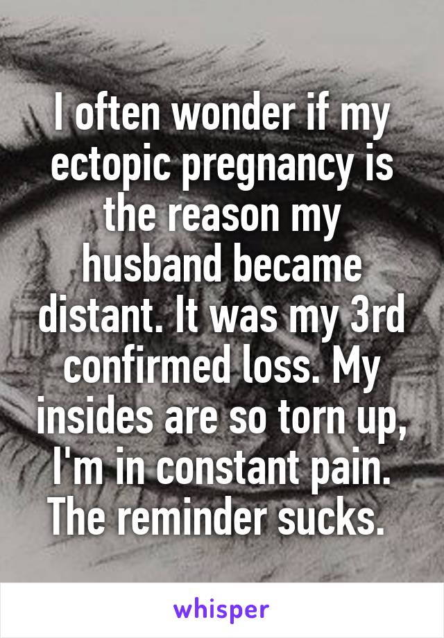 I often wonder if my ectopic pregnancy is the reason my husband became distant. It was my 3rd confirmed loss. My insides are so torn up, I'm in constant pain. The reminder sucks. 