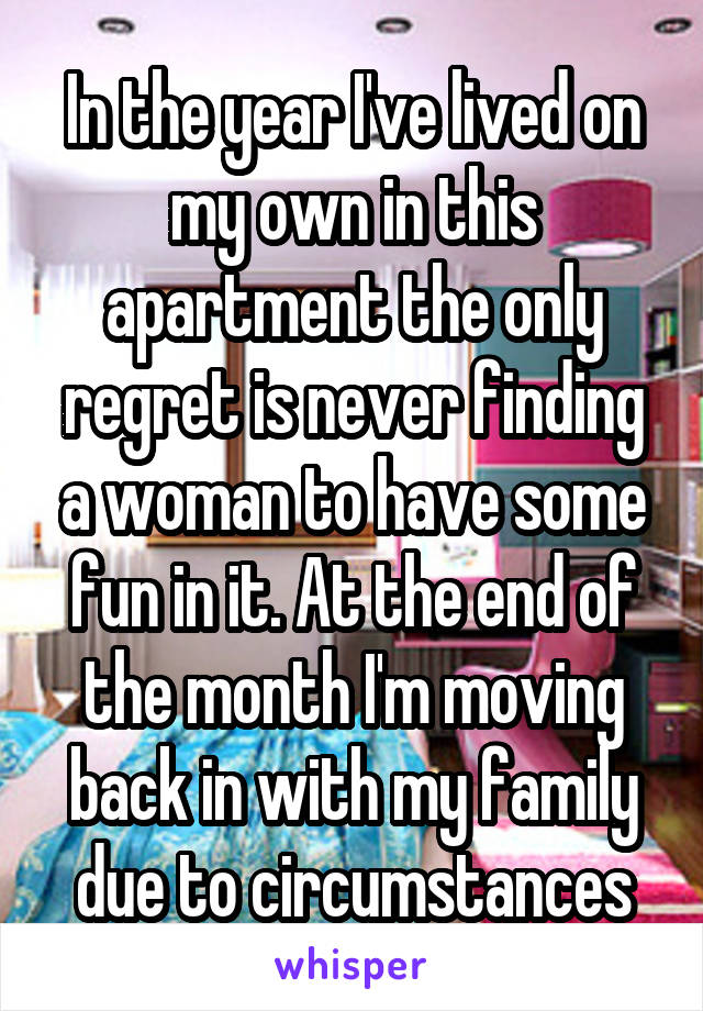 In the year I've lived on my own in this apartment the only regret is never finding a woman to have some fun in it. At the end of the month I'm moving back in with my family due to circumstances