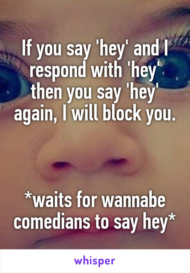 If you say 'hey' and I respond with 'hey' then you say 'hey' again, I will block you.



*waits for wannabe comedians to say hey*