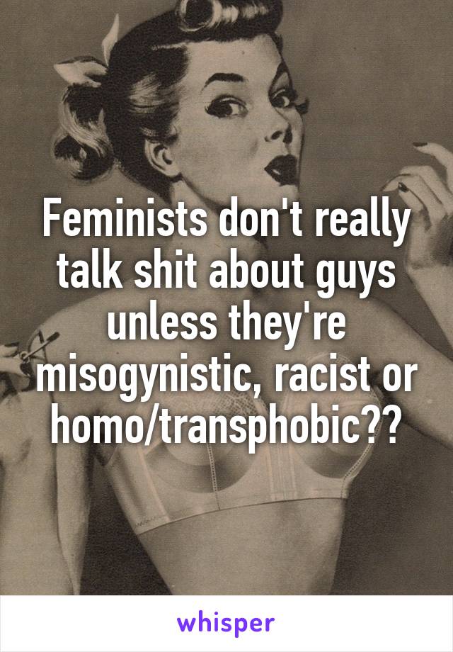 Feminists don't really talk shit about guys unless they're misogynistic, racist or homo/transphobic??