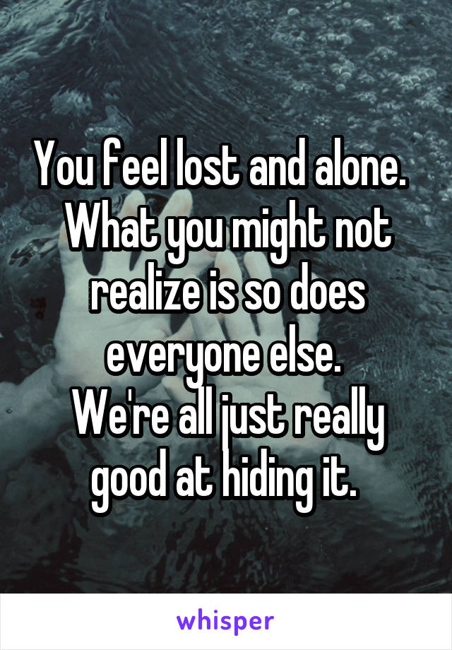 You feel lost and alone.  
What you might not realize is so does everyone else. 
We're all just really good at hiding it. 