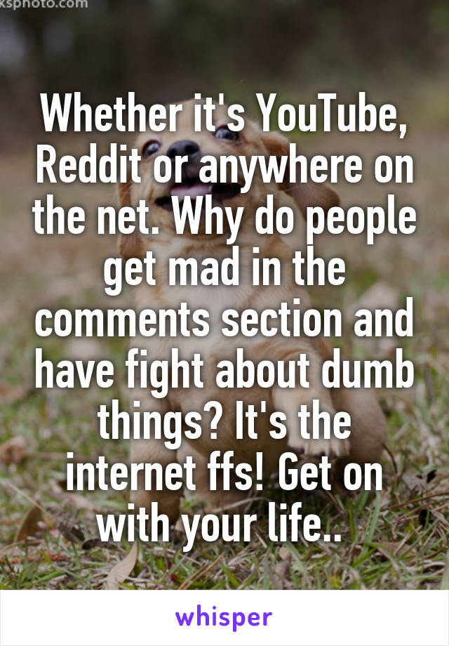 Whether it's YouTube, Reddit or anywhere on the net. Why do people get mad in the comments section and have fight about dumb things? It's the internet ffs! Get on with your life.. 