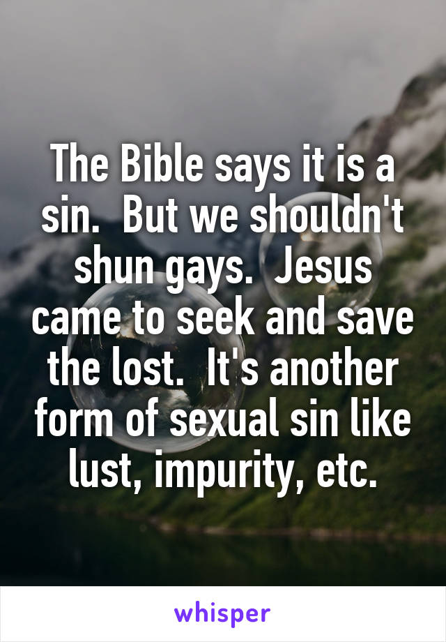 The Bible says it is a sin.  But we shouldn't shun gays.  Jesus came to seek and save the lost.  It's another form of sexual sin like lust, impurity, etc.