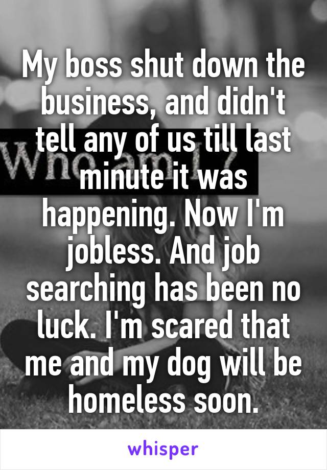 My boss shut down the business, and didn't tell any of us till last minute it was happening. Now I'm jobless. And job searching has been no luck. I'm scared that me and my dog will be homeless soon.