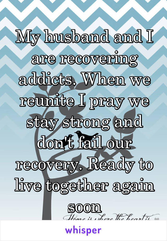 My husband and I are recovering addicts. When we reunite I pray we stay strong and don't fail our recovery. Ready to live together again soon