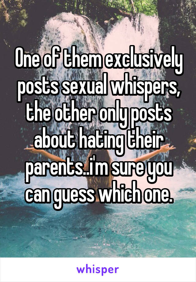 One of them exclusively posts sexual whispers, the other only posts about hating their parents..i'm sure you can guess which one.
