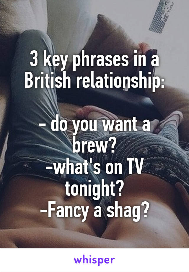 3 key phrases in a British relationship:

- do you want a brew?
-what's on TV tonight?
-Fancy a shag?