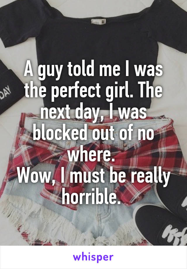 A guy told me I was the perfect girl. The next day, I was blocked out of no where. 
Wow, I must be really horrible. 