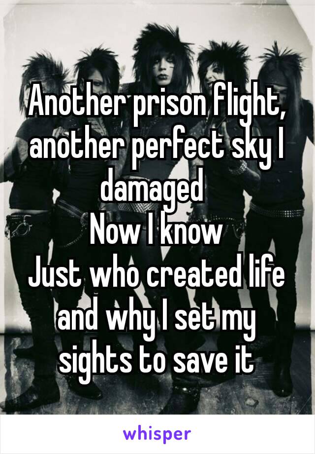 Another prison flight, another perfect sky I damaged 
Now I know
Just who created life and why I set my sights to save it