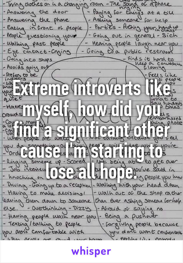 Extreme introverts like myself, how did you find a significant other cause I'm starting to lose all hope.