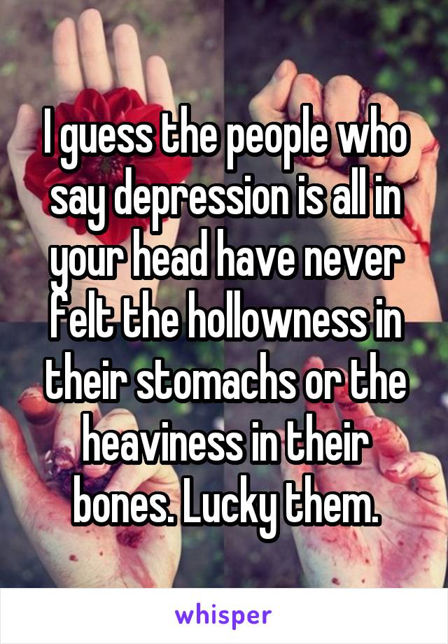 I guess the people who say depression is all in your head have never felt the hollowness in their stomachs or the heaviness in their bones. Lucky them.